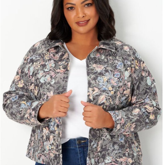 Christopher & Banks Jackets & Blazers - *Final Price* CJ Banks Floral Jacquard Stretchy and Light Denim Jacket 2X